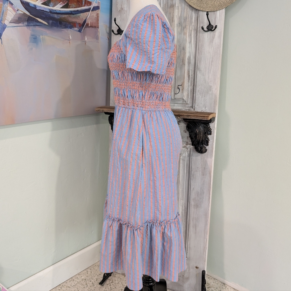 🩵SOLD🧡Tahari ASL Blue and Orange Striped Midi Dress With Puffy Sleeves - Picture 3 of 8